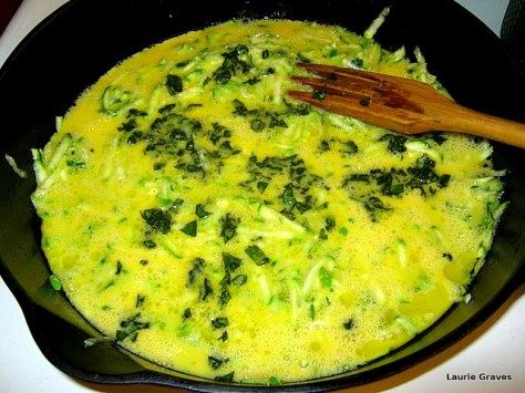 Add the basil and the beaten eggs.