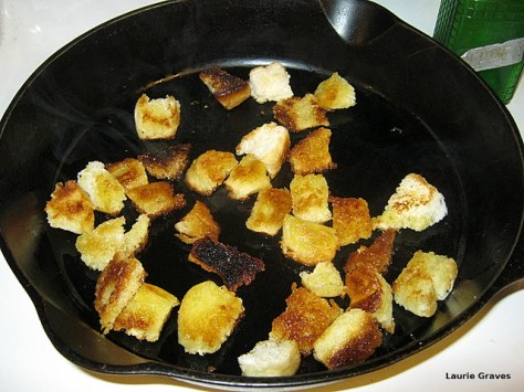 Sauté the cubed bread in olive oil. Add more oil as needed.