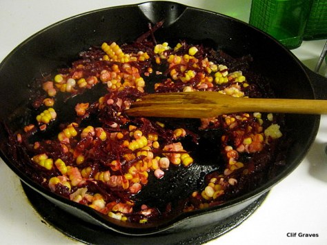 Stir-fry the beets and corn